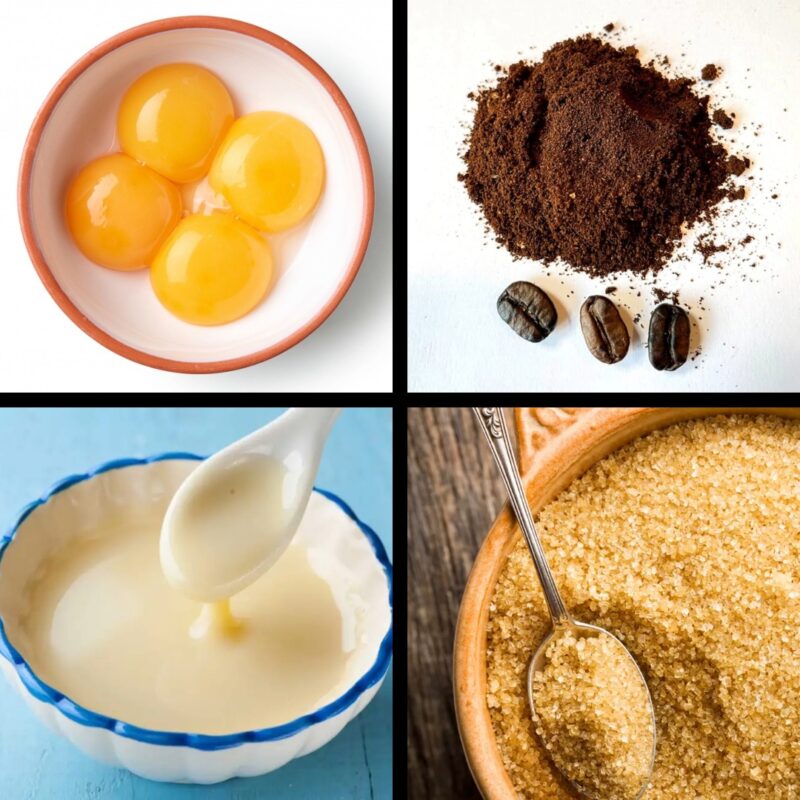 Ingredients of Egg Coffee, egg yolk, coffee powder, condensed milk, brown sugar. 